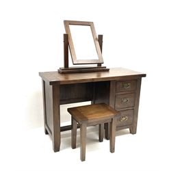 Stained pine dressing table , three graduating drawers, square supports (W110cm, H77cm, D50cm) with matching stool and mirror