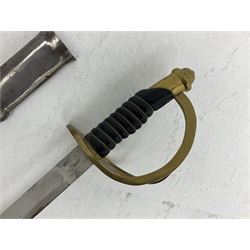 Reproduction American Civil War Cavalry trooper's sword, the 88cm slightly curving fullered steel blade marked to the ricasso 'Ames & Co Chicopee Mass.' and 'US ADK 1862'; brass hilt and leather covered grip; in steel scabbard L110cm overall;  and another reproduction sword (2)