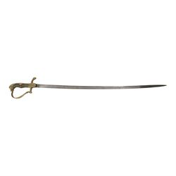 WWI Prussian Artillery Officer's dress sword, with 83cm single edge fullered steel blade, brass stirrup hilt, the langet with crossed cannon barrels and a vacant shield cartouche, the curved knuckle bow cast with acorns and oak leaves, wire bound grip and lion head pommel, with steel scabbard, overall L100cm