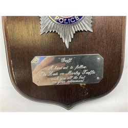 Archive of memorabilia and ephemera relating to Pc. (later Sgt.) Geoffrey Robinson of Dewsbury (later West Yorkshire) police force including cased Long Service and Good Conduct Medal; helmet plates and cap badges, collar numbers and uniform buttons, whistles, certificates, photographs, plaque etc 1960s - 1990s