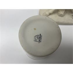 W.H.Goss Parian figure of Lady Godiva, with printed mark beneath, together with a W.H.Goss crested ware Rivaulx Abbey tumbler, and three similar Waterfall Heraldic China crested ware items, Godiva H19cm 