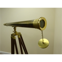  Brass Telescope on folding wooden tripod base, H139cm   