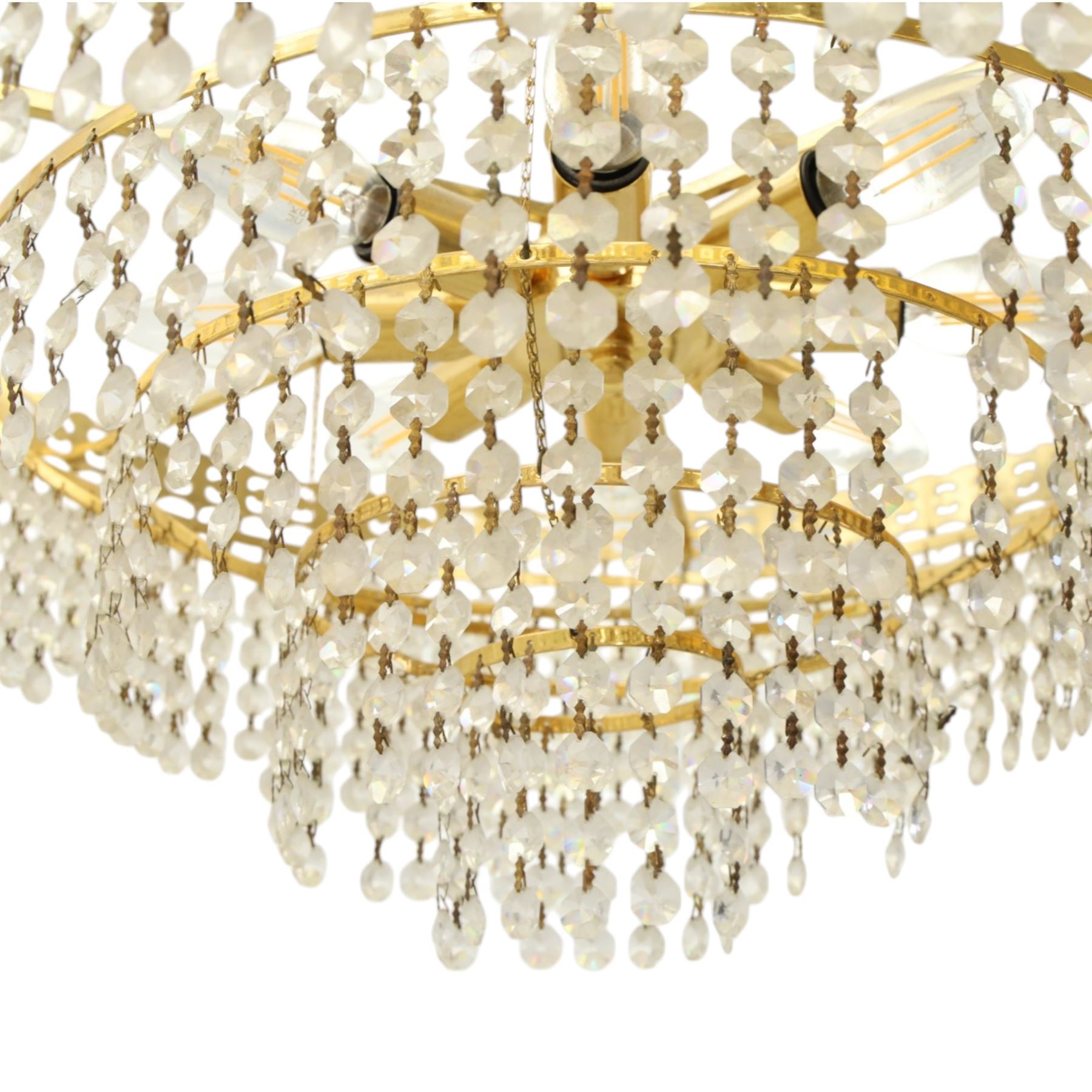 Art Deco style set of two chandeliers, brass and beaded glass, (H 60cm, Di 60cm) (H 75cm, Di 62cm) 