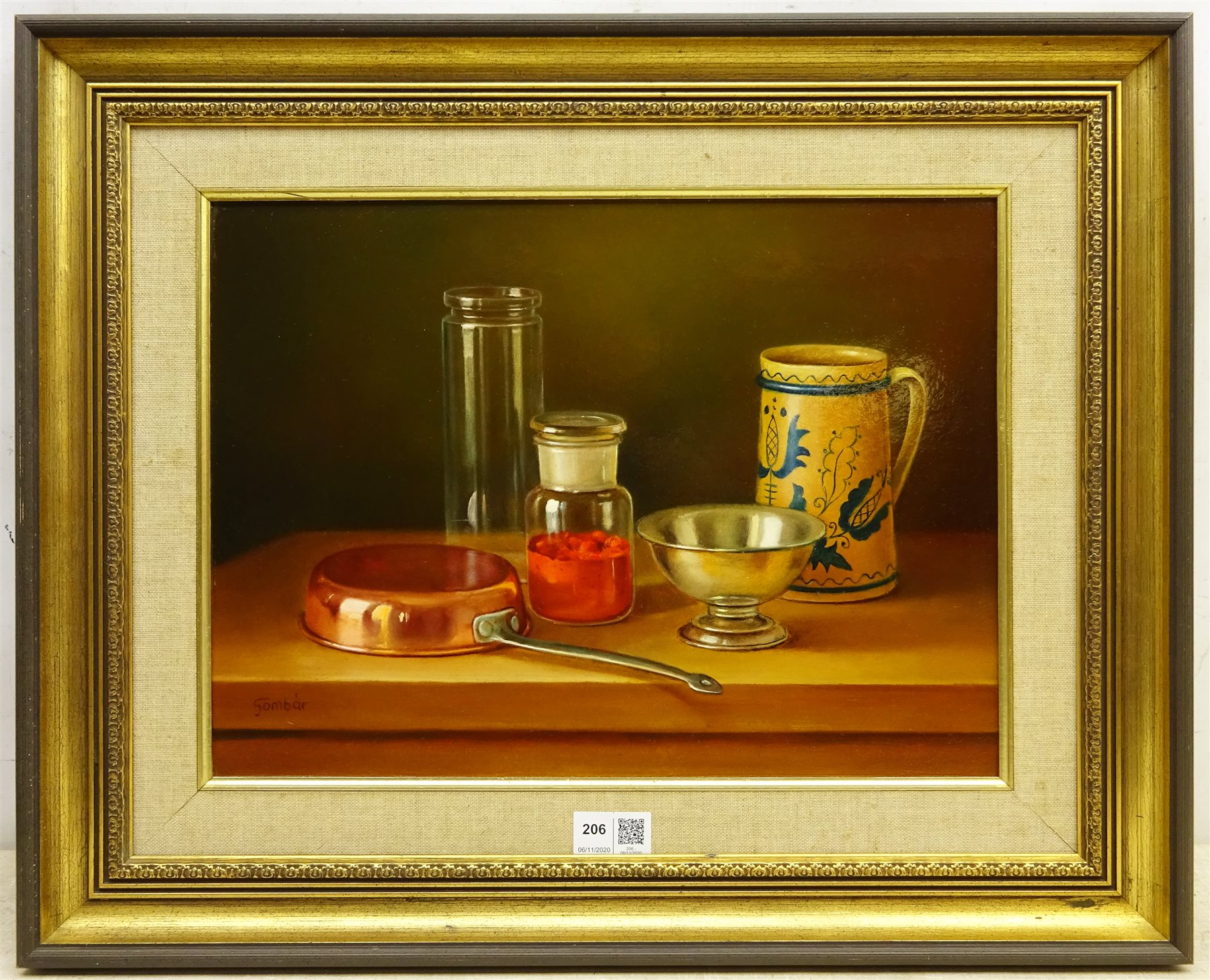 Andras Gombar (Hungarian 1946-): Still Life of Glass and Metalware, oil on board signed 29cm x 39cm