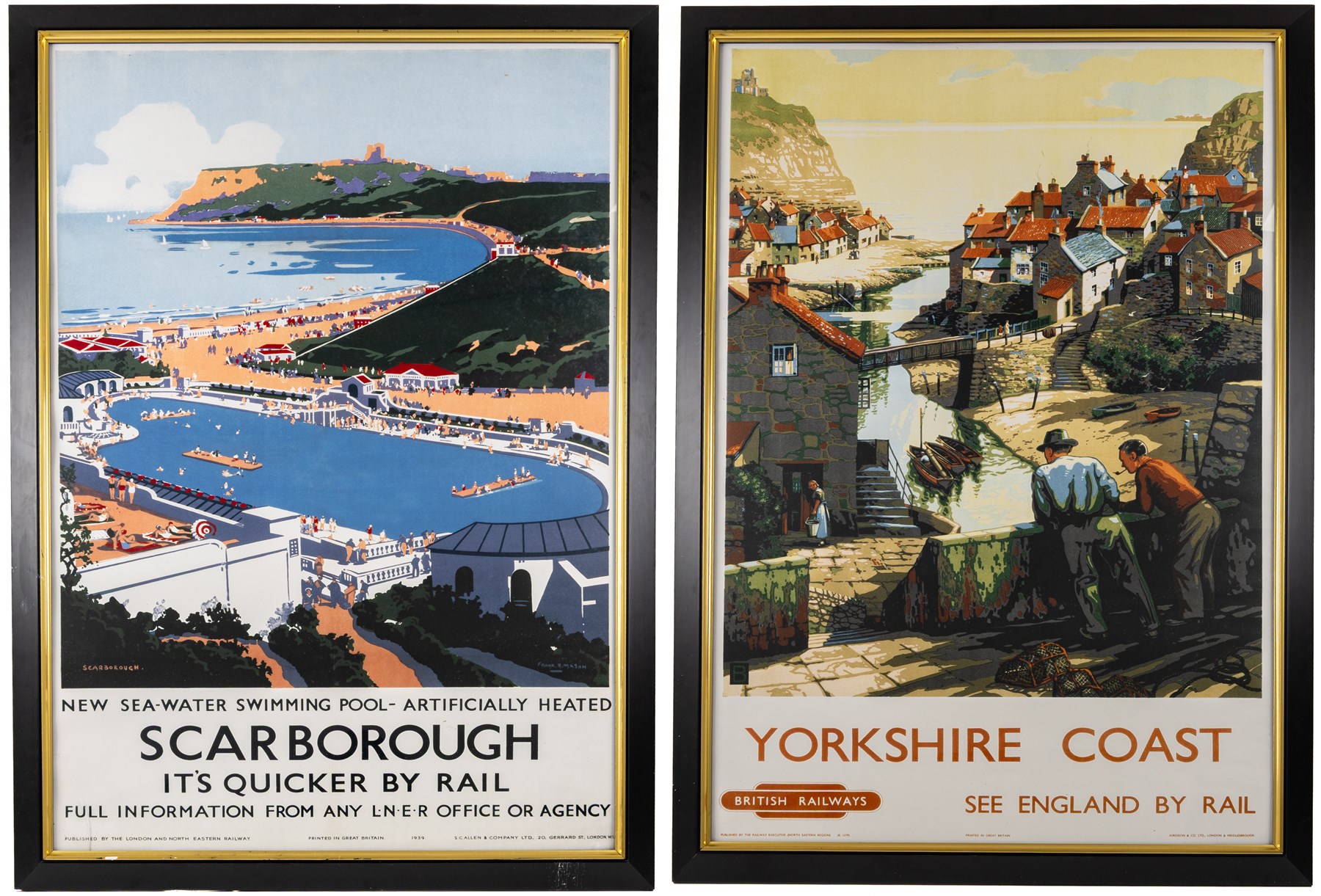 Two reproduction British Railway posters, comprising Yorkshire Coast and Scarborough examples, both framed, H100cm