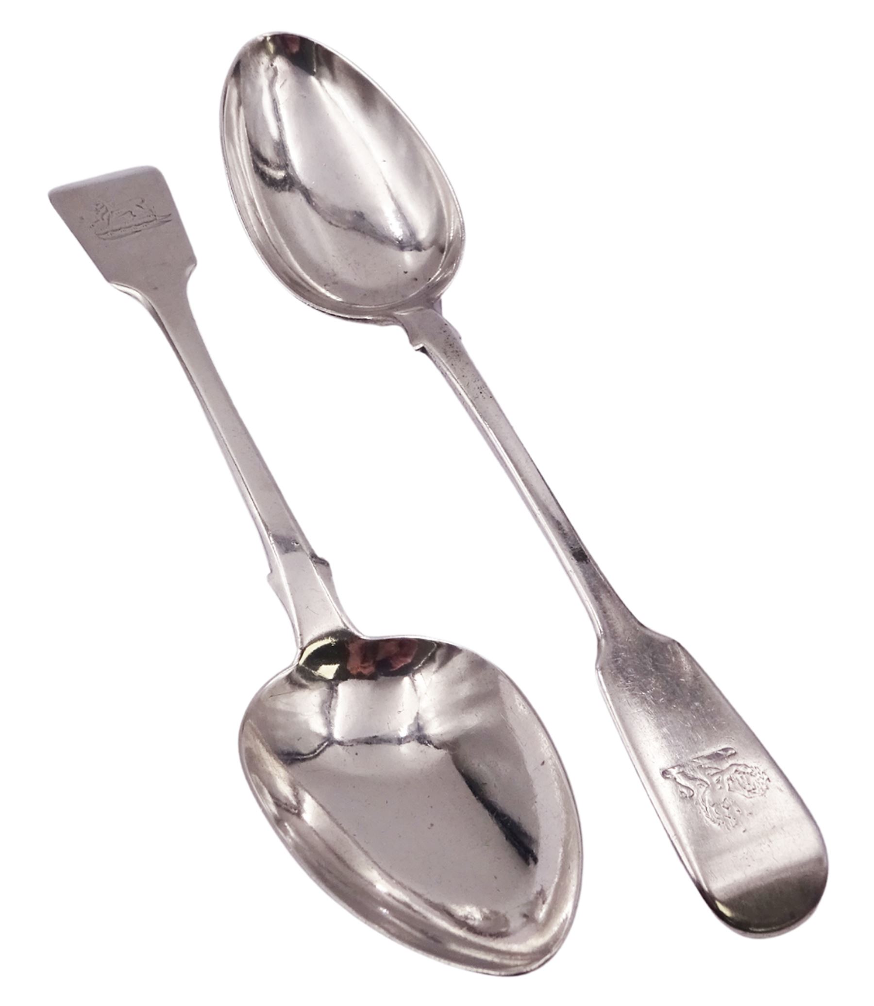 William IV silver Fiddle pattern table spoon, hallmarked Lewis Samuel, London 1832, together with a Victorian example, hallmarked London 1847, makers mark indistinct, each approximately L22.5cm, approximate total weight 5.11 ozt (159 grams)
