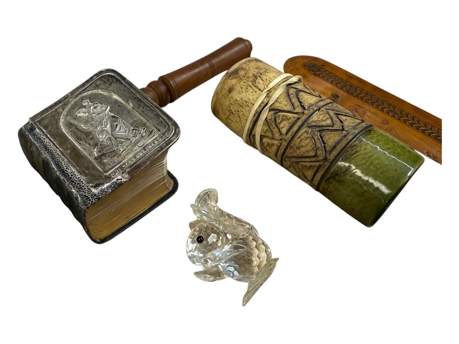 Silver photograph frame, two bibles with silver covers and other collectables including carved figures, 50 year calendar, etc 