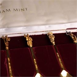 Set of twelve 'The Tichborne Collection' silver gilt spoons, each with fig shaped bowls, the finials depicting different historical figures including Queen Elizabeth, Hector of Troy and Saint Peter, hallmarked Birmingham Mint 1978, in fitted case