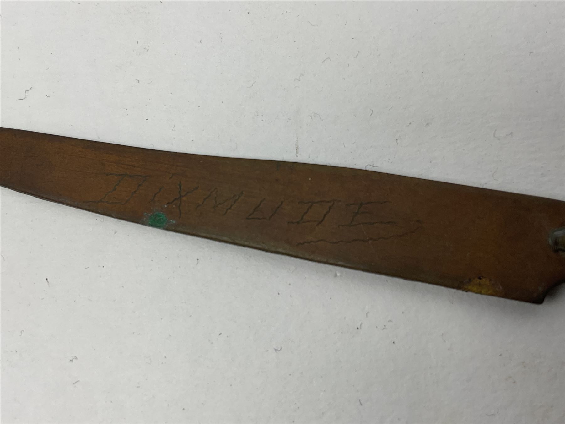 WW1 Short & Mason Ltd 'The Magnapole' black japanned brass field compass in leather carrying case; WW1 trench art paper knife inscribed Dixmude; and small quantity of cloth badges etc