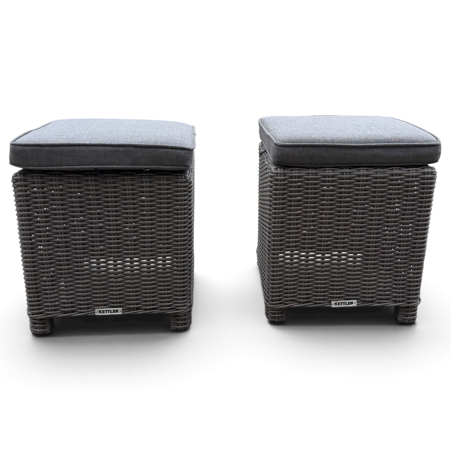 Kettler - Palma rattan garden lounge suite, comprising modular corner sofa (DIM) with slatted and rattan garden table on end supports (DIM), and three stools (DIM), with loose seat cushions