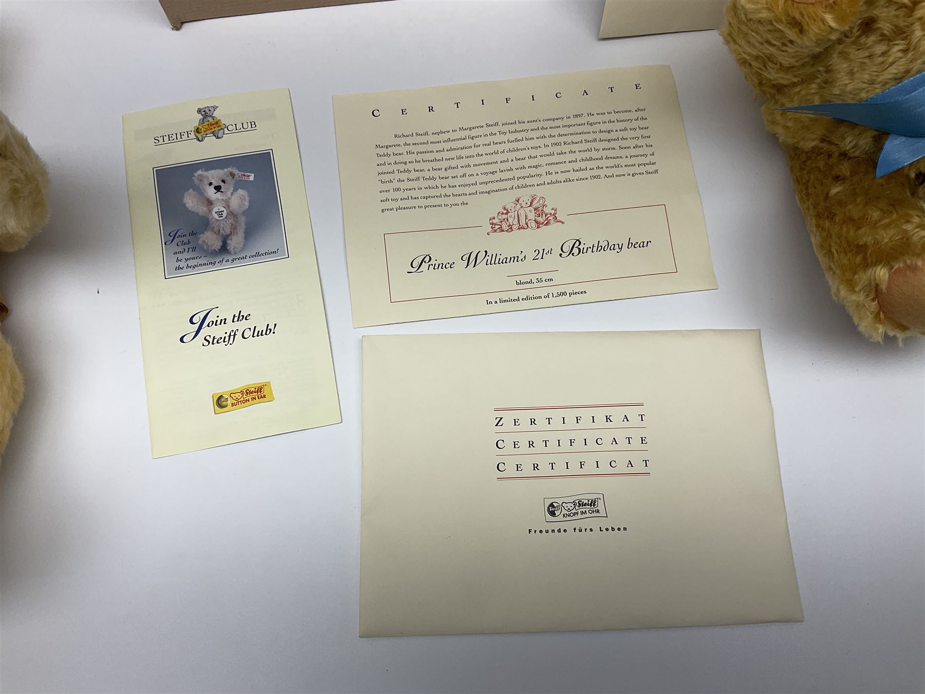 Two modern Steiff limited edition teddy bears - Prince William's 21st Birthday Bear with growler mechanism No.58/1500 H35cm; and Cherished Teddies Collection Daisy No.4269/5000 H33cm; both boxed with certificates (2)