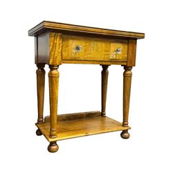 Barker and Stonehouse -  contemporary 'Flagstone' side table, rectangular crossbanded top with central diamond inlay, over single frieze drawer with faceted glass pulls, turned columns and undertier shelf, raised on bun feet