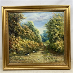 G C T (20th century): Birds on a Country Lane, oil on canvas signed with monogram and dated 1992, 69cm x 75cm