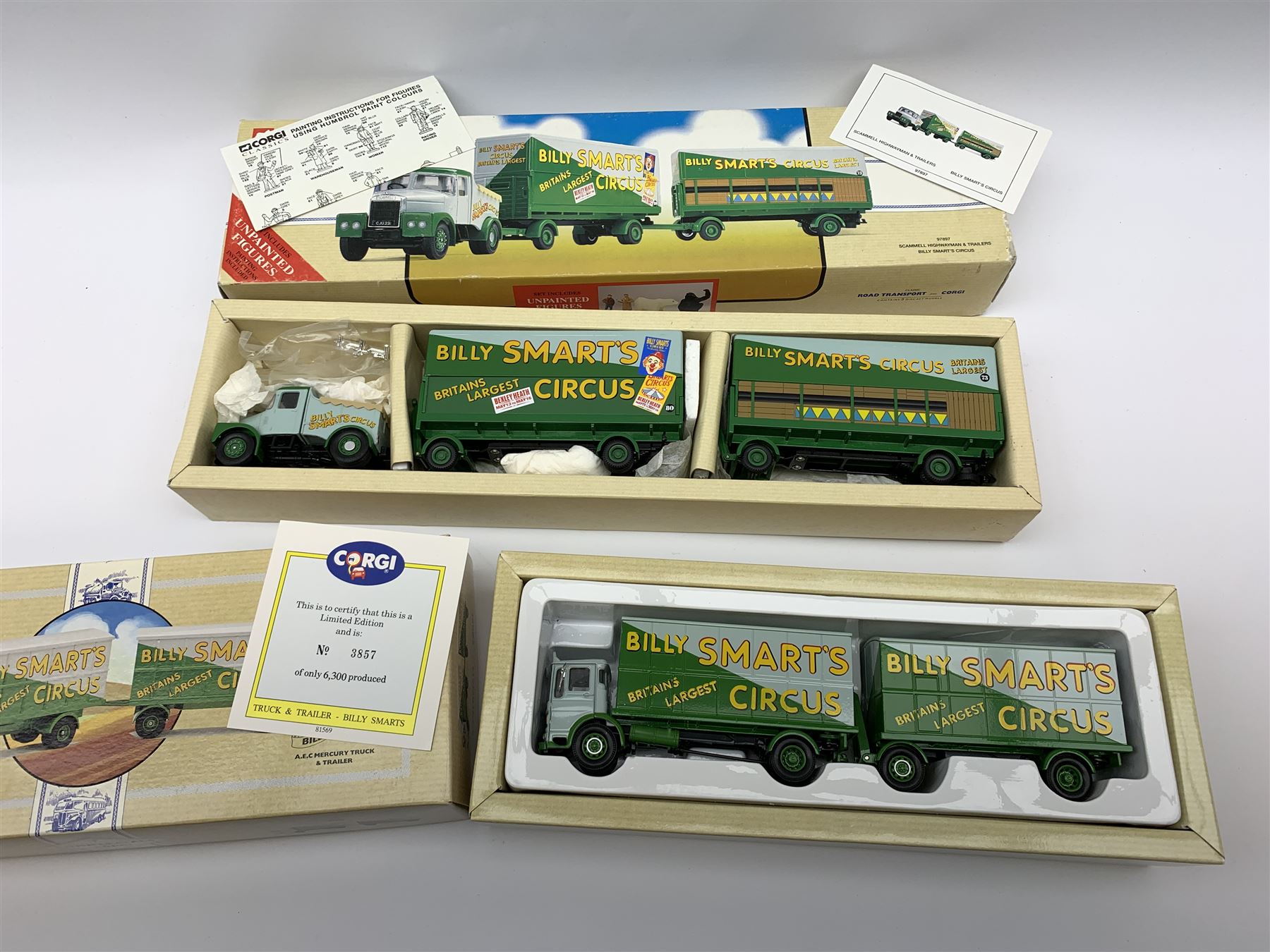 Four Corgi limited edition Billy Smart's Circus vehicles - 97300 Bedford Articulated Truck; 97891 AEC Mercury Truck & Trailer; 97897 Scammell Highwayman & Trailers; and CC02001 Premium Edition Mini Van; together with 97893 AEC Mercury Truck & Trailer for J. Ayers and 97889 AEC Cage Truck & Trailer for Chipperfields, all mint and boxed with certificate (6)