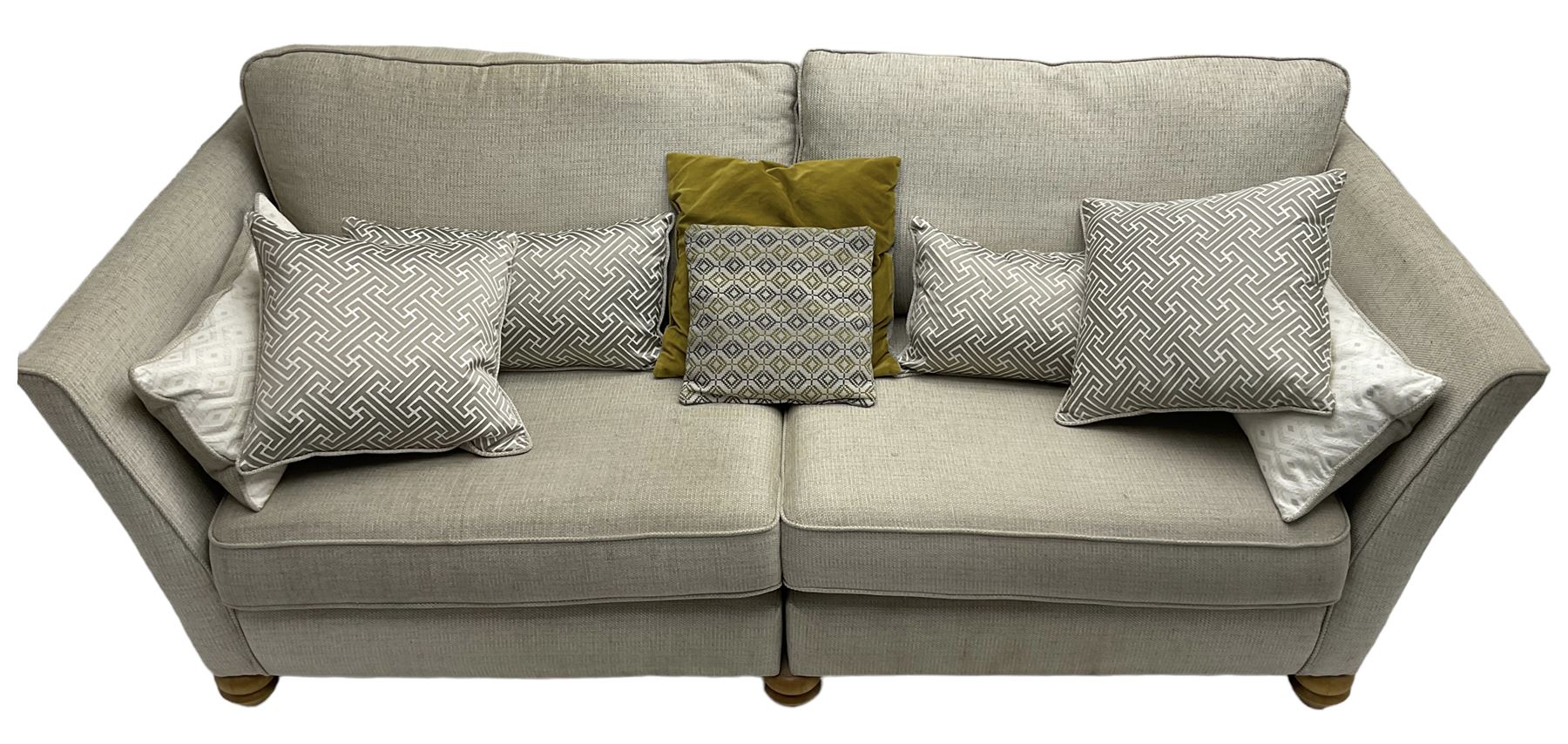 Oak Furnitureland - three-piece lounge suite upholstered in grey fabric, large three-seat sofa (W238cm, D106cm), two-seat sofa (W209cm), and snuggler sofa (W129cm)