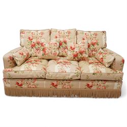 Edwardian design two-seat sofa (W165cm, H83cm, D106cm); and matching pair of armchairs (W80cm); upholstered in striped fabric decorated with floral bouquets and gold fridge