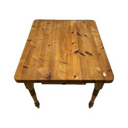 Pine farmhouse dining table, two end drawers, turned leg