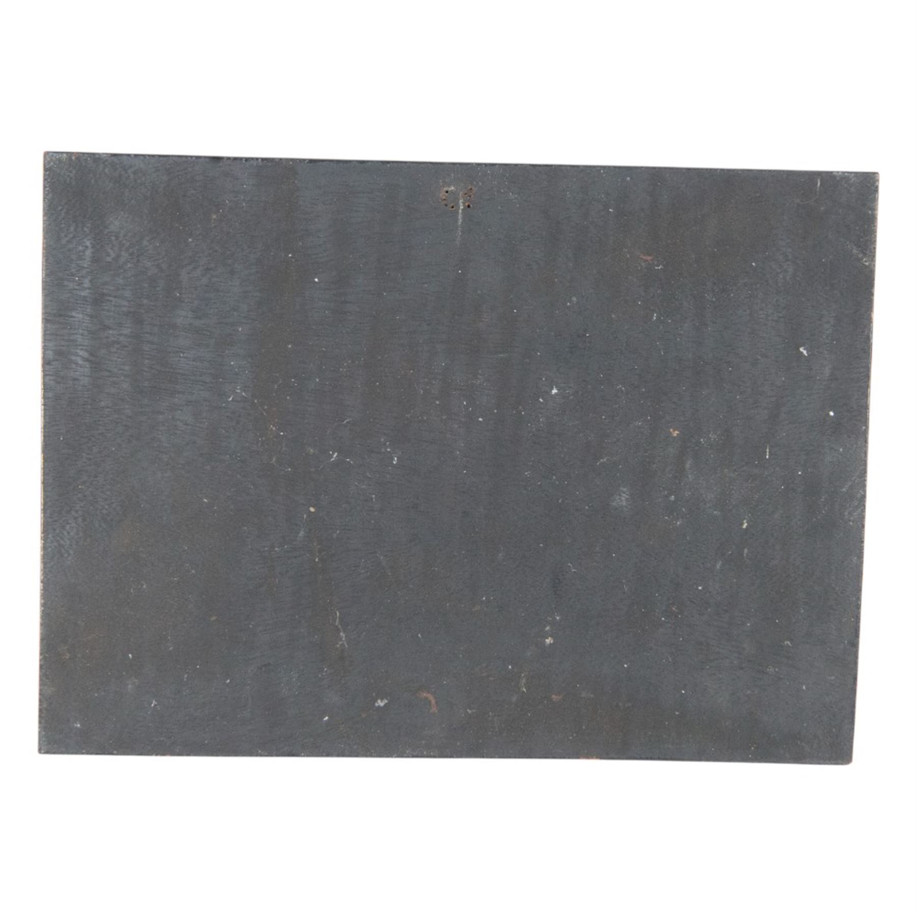 Two French Indochinese period paintings on wood, depicting riverscapes, together with French Indochinese poster, circa 1947-58, paintings H30cm, L40cm