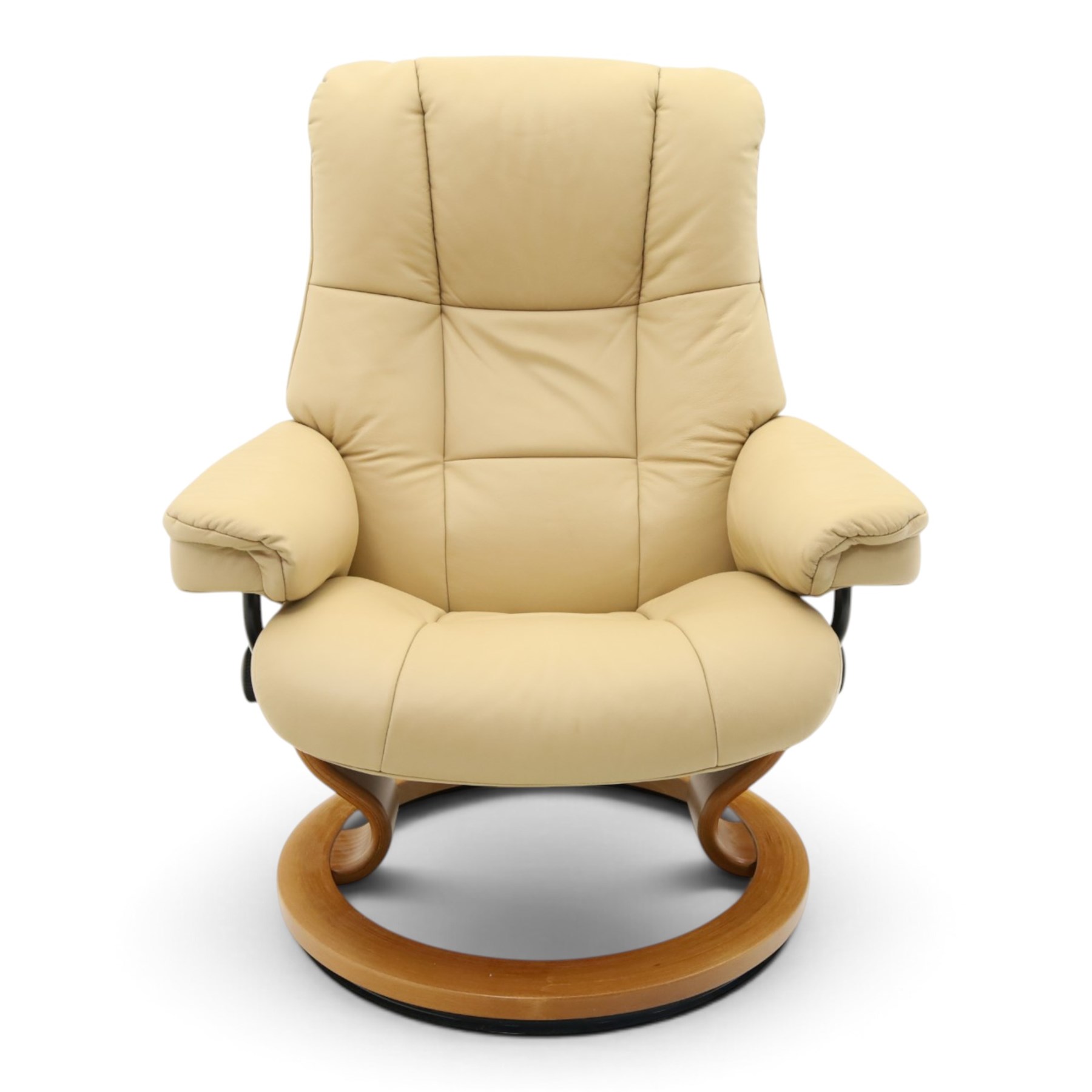 Ekornes Stressless - beech framed reclining swivel armchair with matching footstool, on U-shaped supports with circular bases, upholstered in beige leather