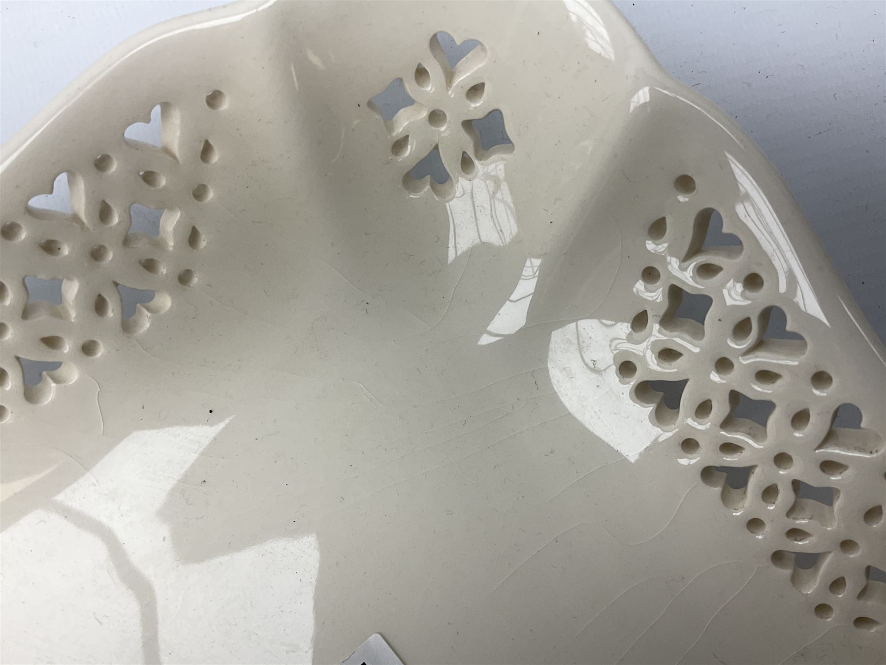 Collection of Harley Greens & co Leeds pottery creamware, including two candle sticks H14.5cm, two twin handled bowls, three plates, square tray and lidded bowl. 