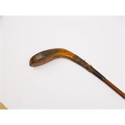 Late 19th century long nose golf club, the beech head marked F H Ayres, with horn sole plate, inset lead weight and grooved face, horn beam shaft and suede leather grip, L95cm