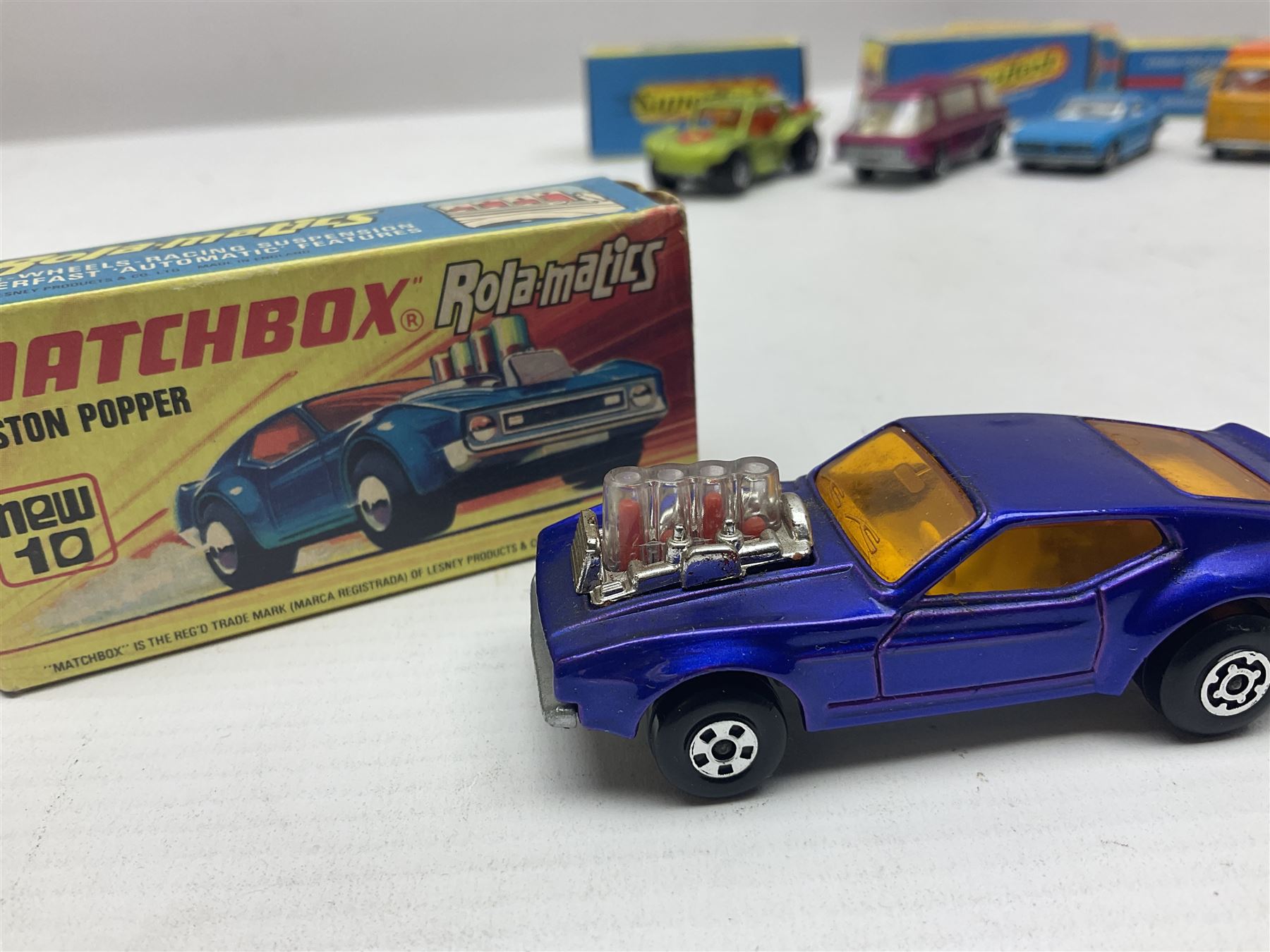 Matchbox 1-75 Series 'Superfast' ex-shop stock - eight models comprising 8f Wildcat Dragster, 9e AMX Javelin, 10e Piston Popper, 13e Baja Buggy, 14d Iso Grifo, 19e Road Dragster, 22d Freeman Intercity Commuter and 23e Volkswagen Camper; all boxed (8)