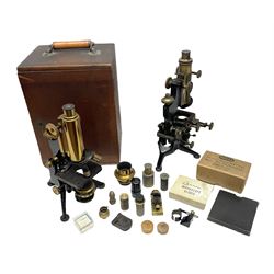 19th century brass and black japanned monocular microscope by W. Watson & Sons Ltd. 313 High Holborn, London serial no.24788 with rack and pinion focussing on tripod base H31cm; in fitted mahogany case retailed by A.H. Baird Scientific Instrument Makers Edinburgh; quantity of additional lenses and accessories; together with another similar uncased monocular microscope by W. Watson serial no.58379 (2)