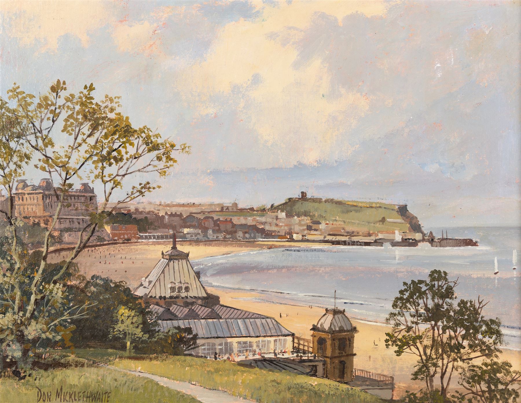 Don Micklethwaite (British 1936-): South Bay from Scarborough Spa, oil on board signed 29cm x 37cm