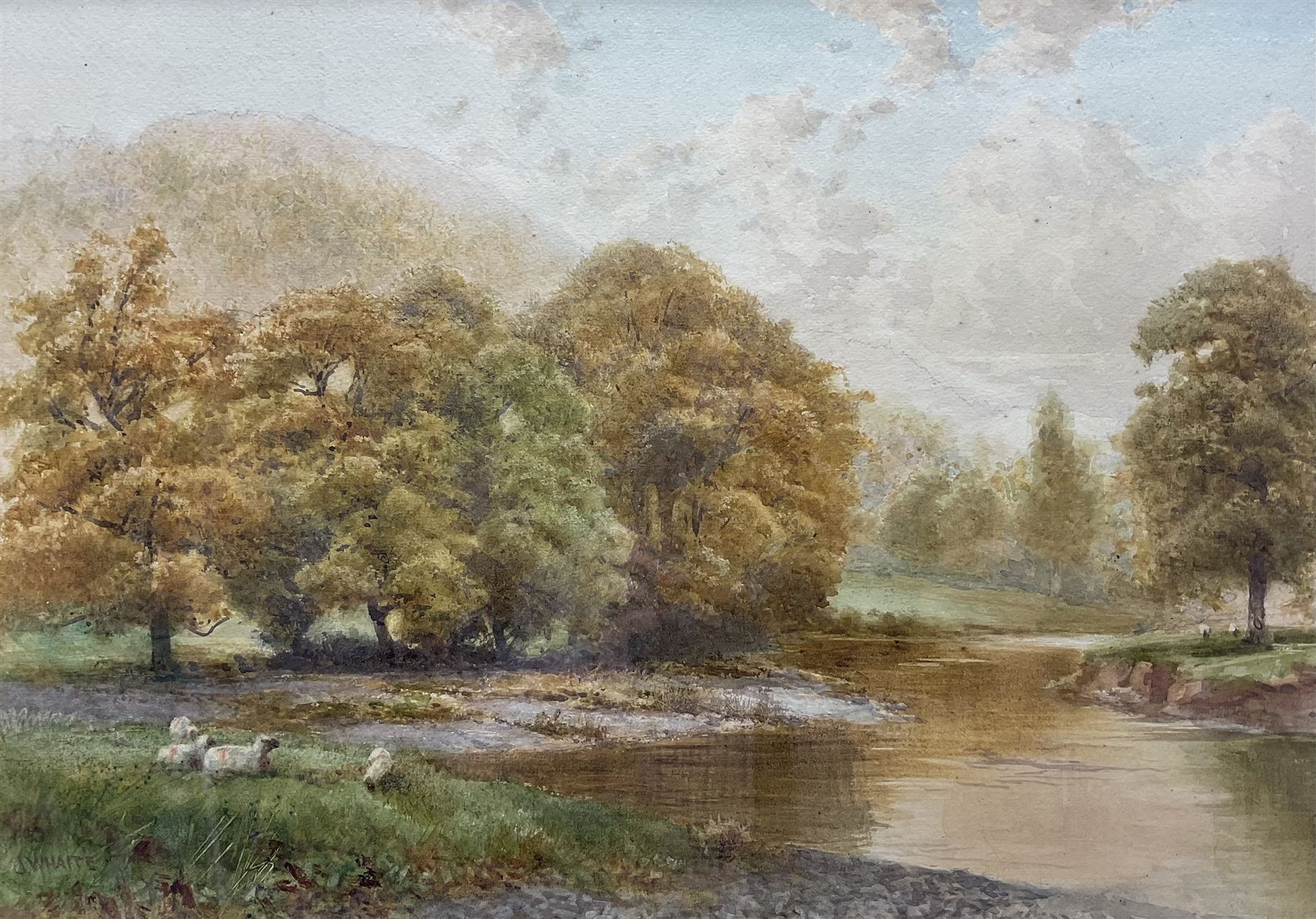 James Whaite (British 1881-1916): Sheep beside a Stream, watercolour signed 35cm x 50cm 