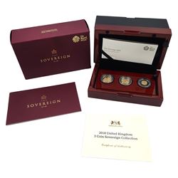 Queen Elizabeth II 2018 gold proof three coin sovereign collection, comprising full, half and quarter sovereign coins, cased with certificate