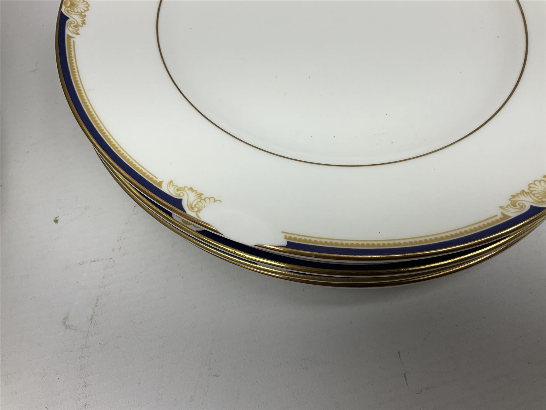 Wedgwood Cavendish pattern dinner service for twelve, comprising dinner plates, side plates, bowls, soup bowls, two tureens, saucer boat and sauce, together with matching part coffee service (82) 