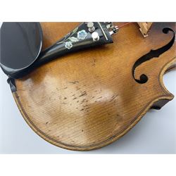 German Saxony violin c1900 with 35.5cm two-piece medium grain maple back and ribs and medium grain spruce top; bears label 'Jacobus Stainer in Absam prope Oenipontum 17xx Made in Germany', 59.5cm overall; with modern bow (2)
