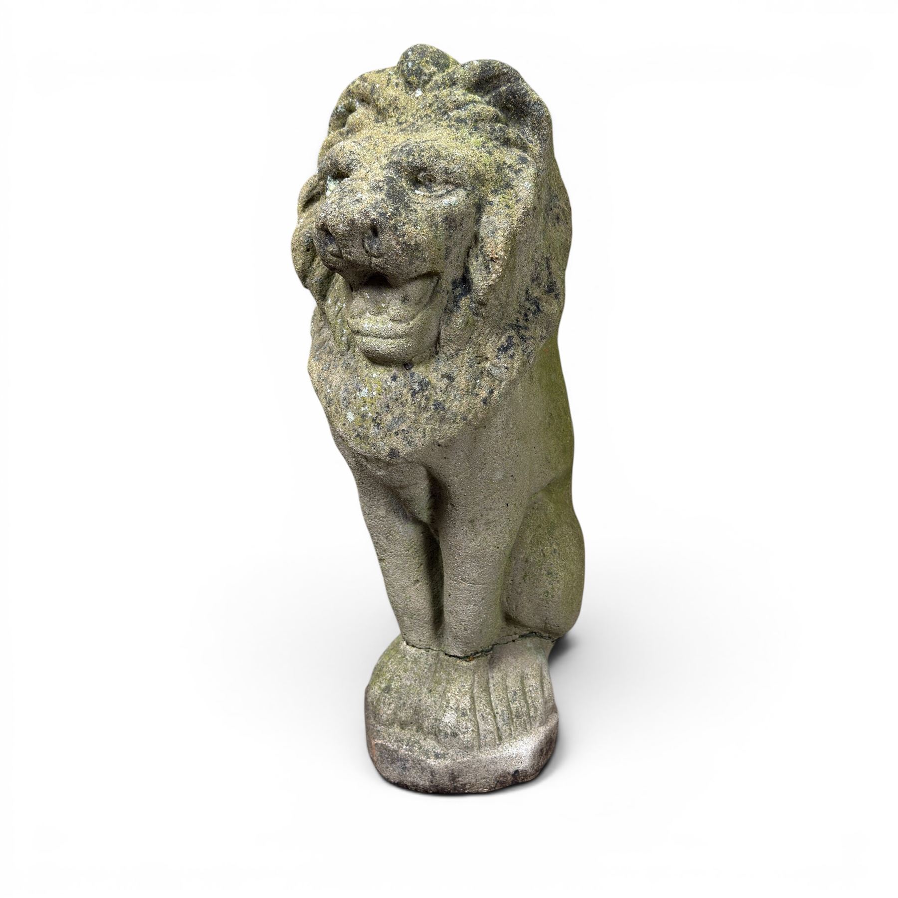 Collection of cast stone garden ornaments - three figure bird baths, figure on plinth, seated lion, lion, boy figure, and stone trough (9)