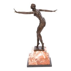 After Demétre Haralamb Chiparus (Romanian 1886-1947): Art Deco style bronze figure modelled as a dancer with outstretched arms, signed to the stepped bronze base and also bearing foundry stamp, upon a tapering marble plinth, overall H49cm
