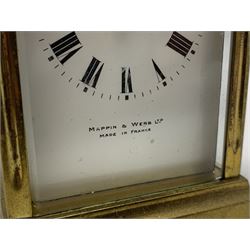 Mappin & Webb - Late 20th century brass carriage timepiece, white enamel Roman dial signed 'Mappin & Webb... Made in France', single train driven movement 
