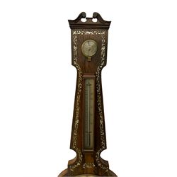 A Victorian rosewood mercury barometer with a swan’s neck pediment and brass finial, edge of the case profusely inlaid with mother of pearl inlay, 10” silvered dial with decorative engraving depicting a windmill and cottage to the centre, mercury syphon tube recording barometric air pressure from 28-31 inches with weather predictions, dial inscribed “Warranted” “ Hull” “Agostino Maspoli”, with a steel indicating hand and brass recording hand within a convex glass and cast brass bezel, circular hygrometer and boxed mercury thermometer indicating the temperature in degrees Fahrenheit, rectangular level bubble and recording hand setting disc. 
The Italian Maspoli family were prolific makers of  barometers, mathematical, philosophical and optical instruments in 19th century Hull, working from 49 Salthouse Lane (1826-31), 79 Lowgate (1835-55) and Robinson Row (1839-1859) They are also recorded as watch and looking glass makers. 
      
