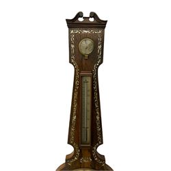 A Victorian rosewood mercury barometer with a swan’s neck pediment and brass finial, edge of the case profusely inlaid with mother of pearl inlay, 10” silvered dial with decorative engraving depicting a windmill and cottage to the centre, mercury syphon tube recording barometric air pressure from 28-31 inches with weather predictions, dial inscribed “Warranted” “ Hull” “Agostino Maspoli”, with a steel indicating hand and brass recording hand within a convex glass and cast brass bezel, circular hygrometer and boxed mercury thermometer indicating the temperature in degrees Fahrenheit, rectangular level bubble and recording hand setting disc. 
The Italian Maspoli family were prolific makers of  barometers, mathematical, philosophical and optical instruments in 19th century Hull, working from 49 Salthouse Lane (1826-31), 79 Lowgate (1835-55) and Robinson Row (1839-1859) They are also recorded as watch and looking glass makers. 
      
