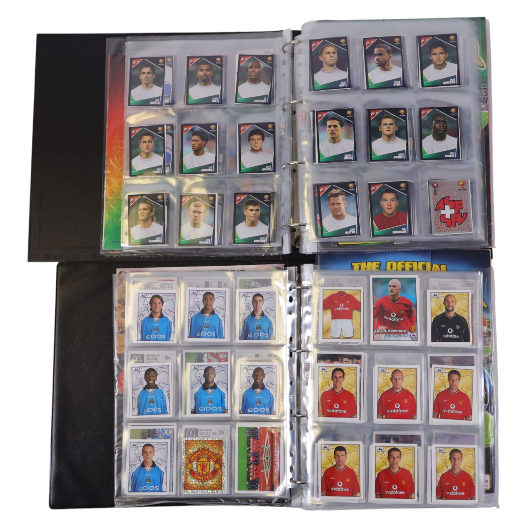 Collection of Football related stickers and albums, including Portugal Euro 2004 unused album and a collection of stickers,  Merlin The Official FA Premier League Sticker Collection 10th Edition 2003 unused album and stickers, Merlin The Official FA Premier League Sticker Collection 11th Edition 2004 unused album, Merlin The Official FA Premier League Sticker Collection 2001 unused album and stickers, Merlin The Official FA Premier League Sticker Collection 2002 unused album and stickers and Merlin's 2002 England unused album and stickers, housed in two folders