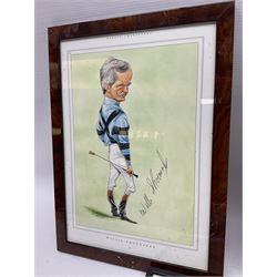 Enamel Horse racing members badges, together with three framed signed racing characters jockey prints, including Steve Smith Eccles, Willie Shoemaker and Greville Starkey, and one other print