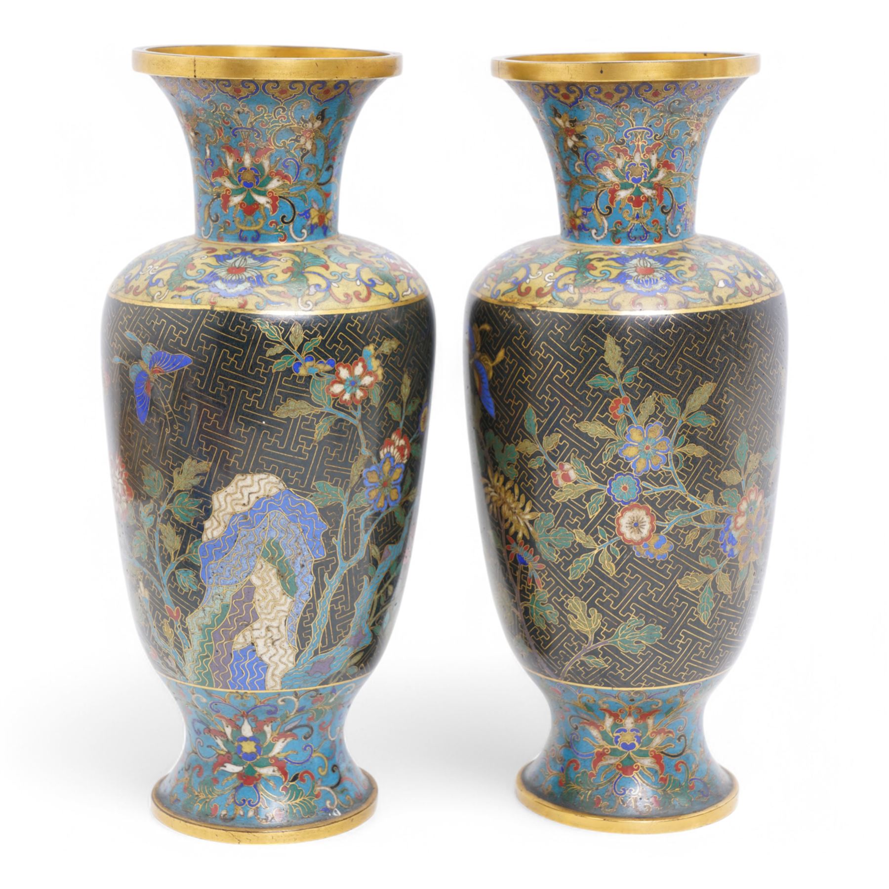 20th century Japanese jar and cover decorated with birds and flowers on a blue ground H24cm, pair of floral decorated cloisonne vases H32cm and a cloisonne pot pourri with pierced cover 