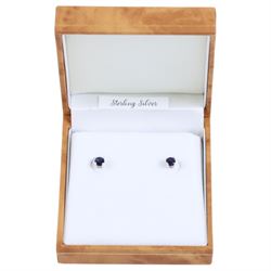 Pair of silver sapphire stud earrings, boxed