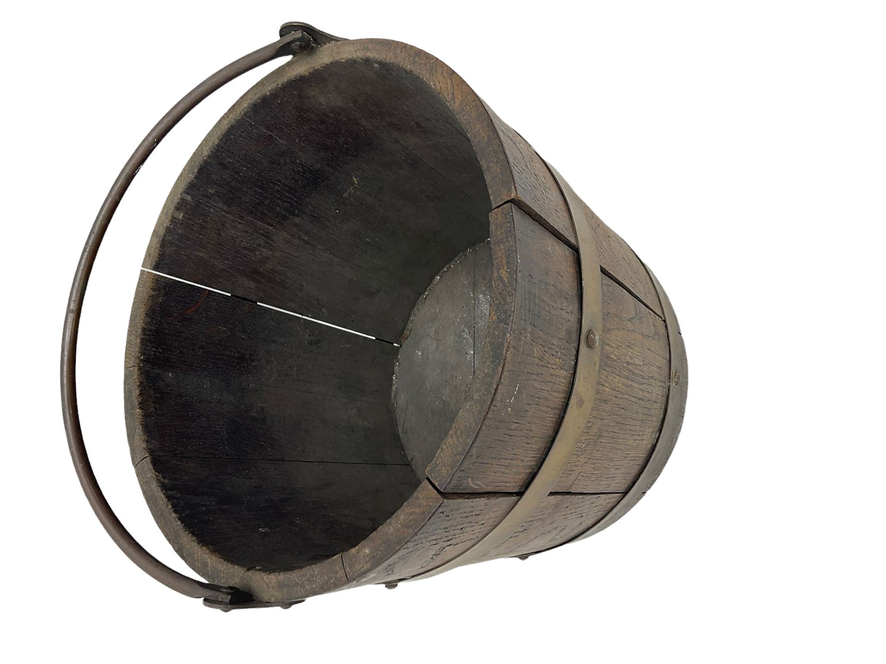 Tudor style oak coal type box with hinged top, with tin liner; and a coopered bucket (2)