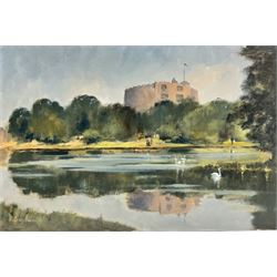 William Burns (British 1923-2010): 'A Sunday Stroll' Windsor Castle, oil on board signed and dated '82, 40cm x 61cm (unframed)
Provenance: direct from the artist's family. Born in Sheffield in 1923, William Burns RIBA FSAI FRSA studied at the Sheffield College of Art, before the outbreak of the Second World War during which he helped illustrate the official War Diaries for the North Africa Campaign, and was elected a member of the Armed Forces Art Society. On his return to England, he studied architecture at Sheffield University and later ran his own successful practice, being a member of the Royal Institute of British Architects. However, painting had always been his self-confessed 'first love', and in the 1970s he gave up architecture to become a full-time artist, having his first one-man exhibition in 1979.