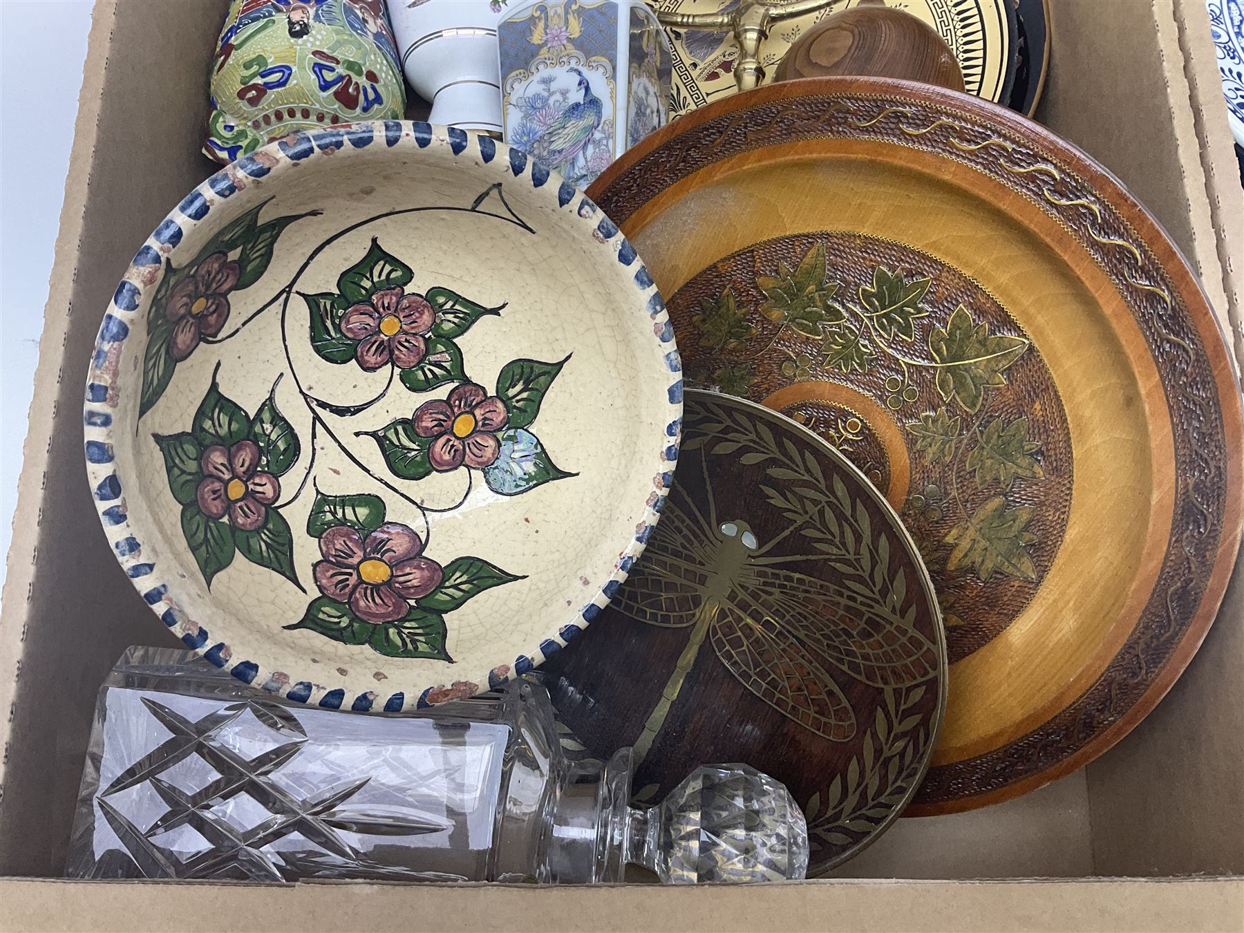 Set of metal weighing scales, pair of Chinese style ceramic table lamps, blue and white ceramics, oriental ceramics and a collection of other glassware, metal ware and collectables, in five boxes 