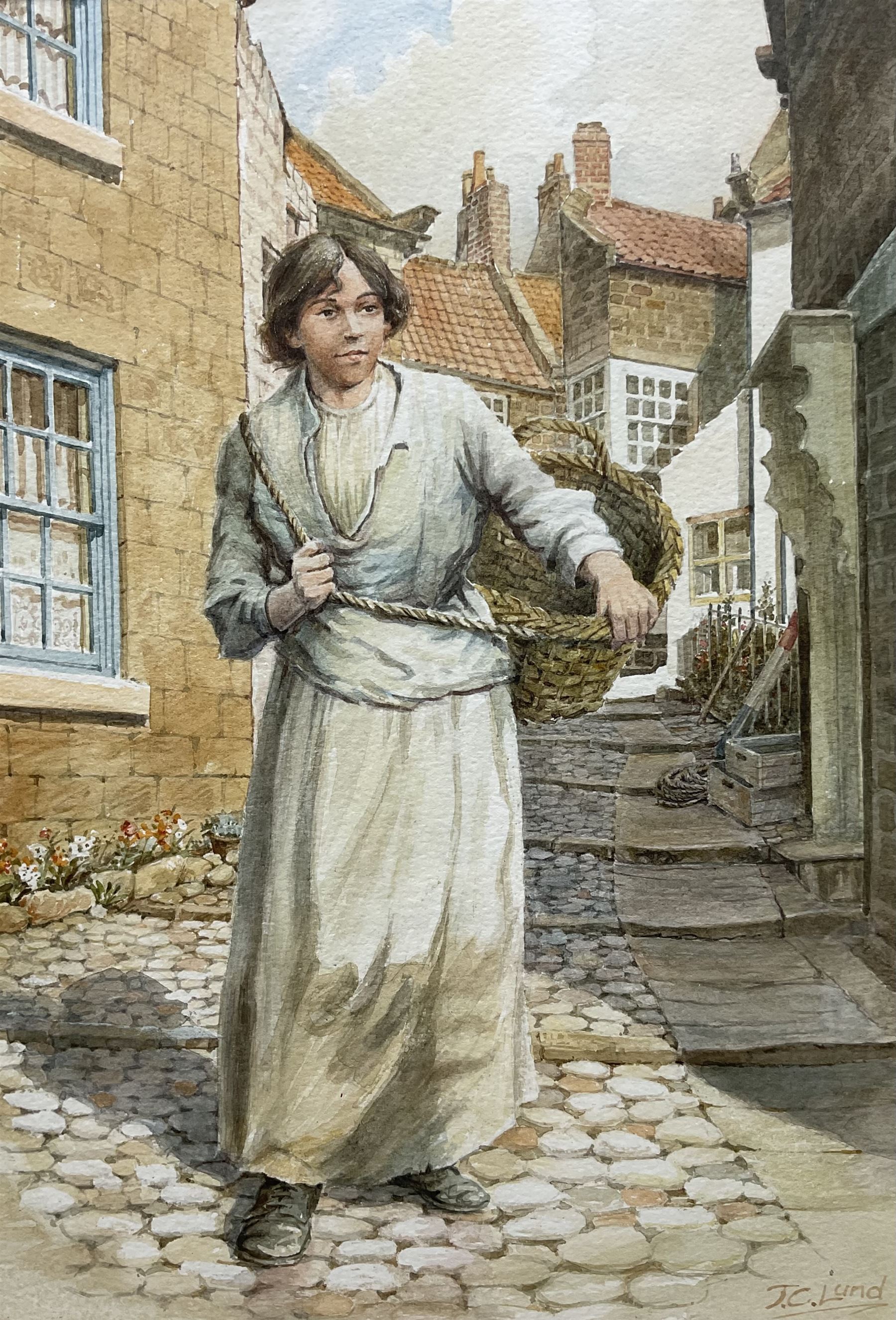 John Cecil Lund (British 1932-): Fishergirl at Robin Hood's Bay, watercolour signed 38cm x 26cm