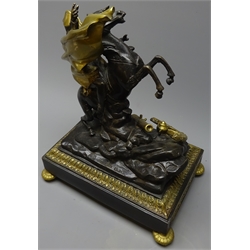  Cast figure of Napoleon with bronze and brass finish depicted on horseback crossing the Alps, with ornate stepped oblong base and four bun feet, inscribed A.D.Mougin Paris, H35cm  