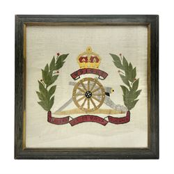 Embroidered framed panel, with the heraldic crest for Royal Regiment of Canadian Artillery, H44cm, W44cm