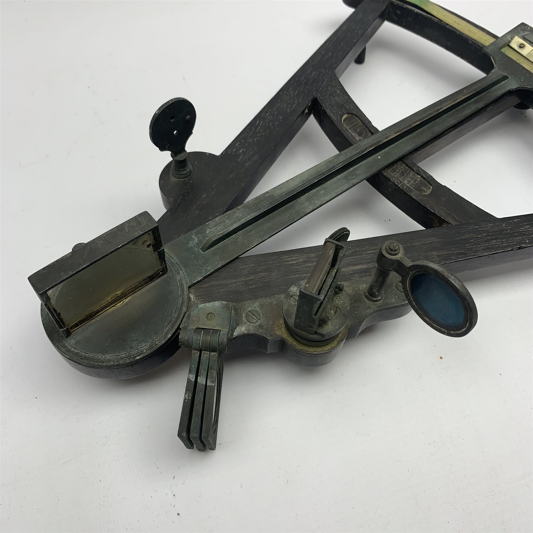 19th century octant, the rosewood framework with brass fittings and inset ivory scale, aperture for inset maker's plaque, L32cm