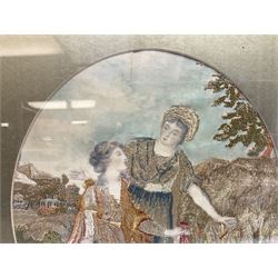 Regency silkwork in gilt frame, depicting two females in classical dress with a baby in a naturalistic landscape, H50cm