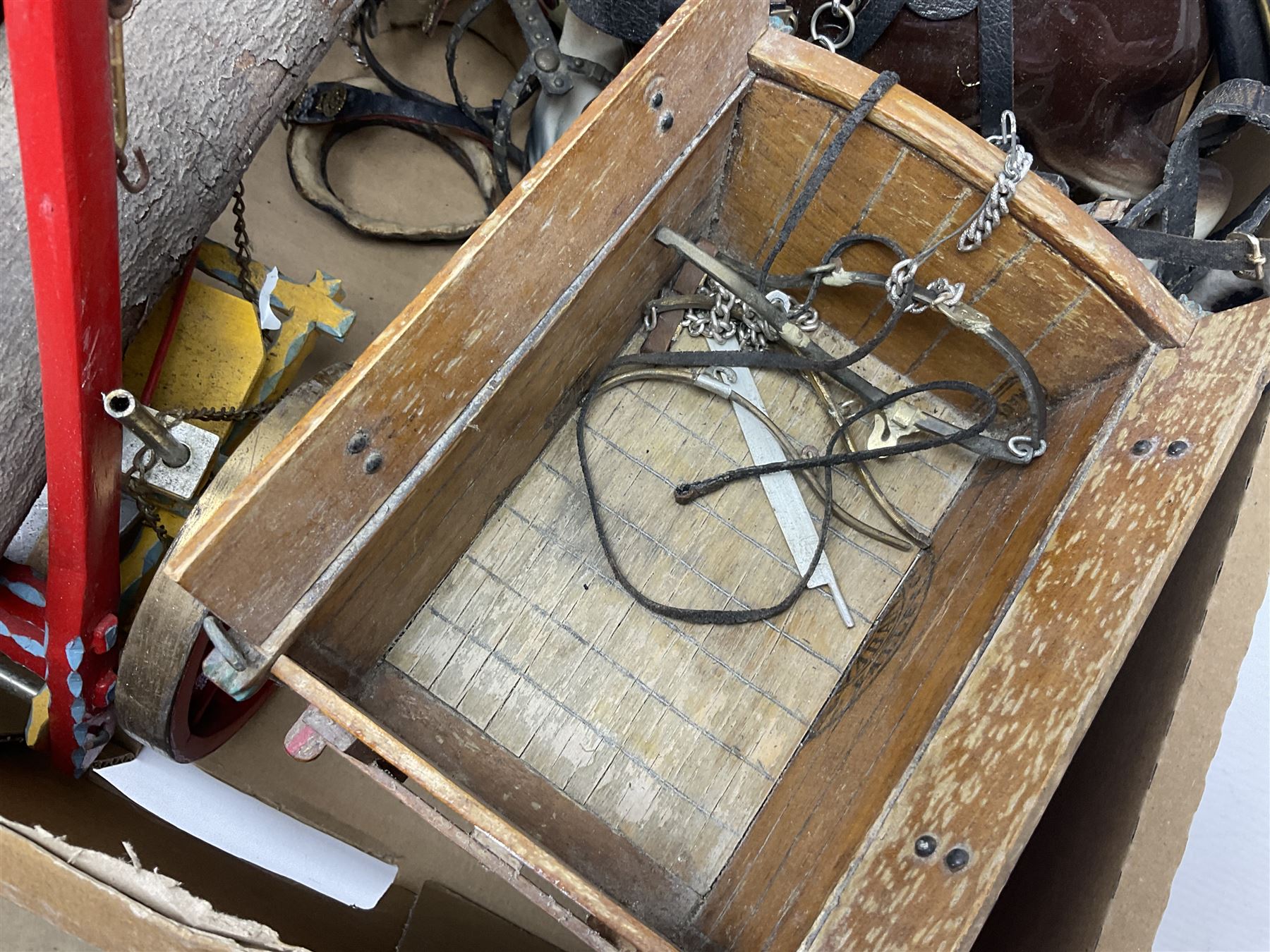 Melba Ware Shire horse figure and two similar, and four wood carts